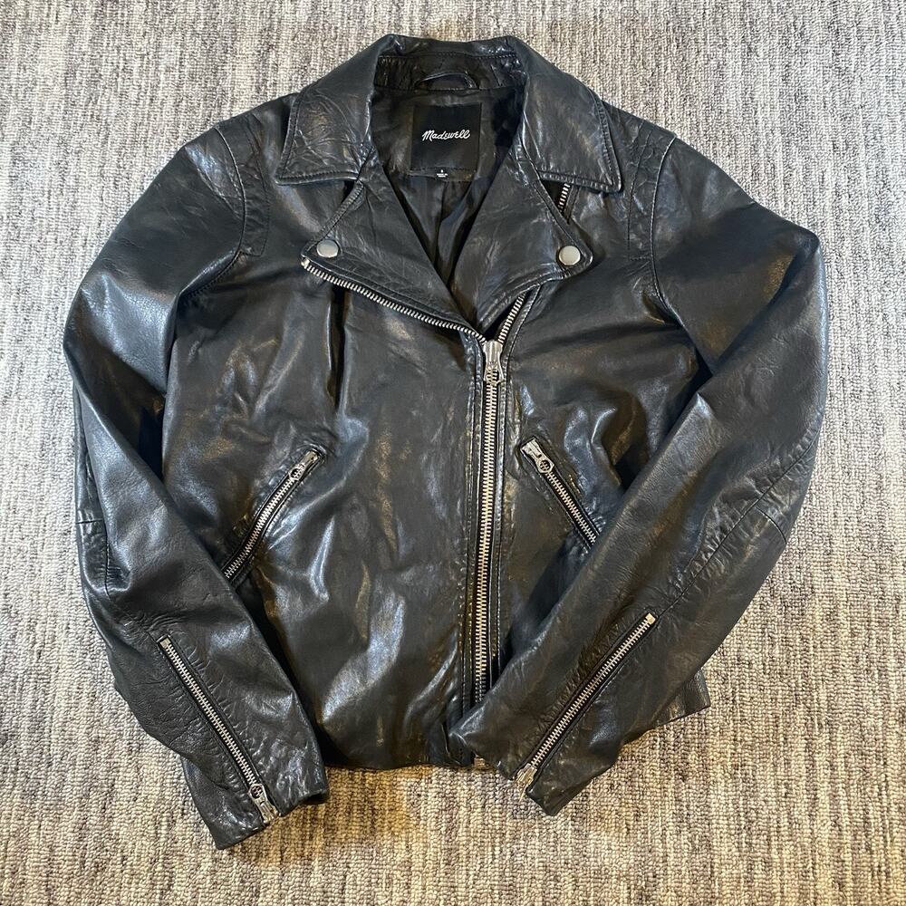 Madewell Womens Black Washed Leather Motorcycle Jacket Size S Edgy Moto Grunge